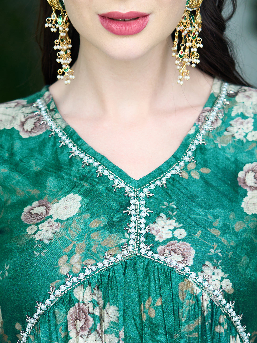 Floral Printed Pearl Embroidered Flared Kurta With Pants & Dupatta - Green