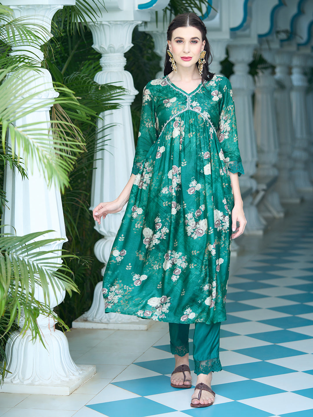 Floral Printed Pearl Embroidered Flared Kurta With Pants & Dupatta - Green