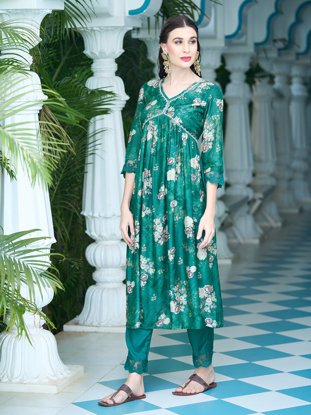 Floral Printed Pearl Embroidered Flared Kurta With Pants & Dupatta - Green