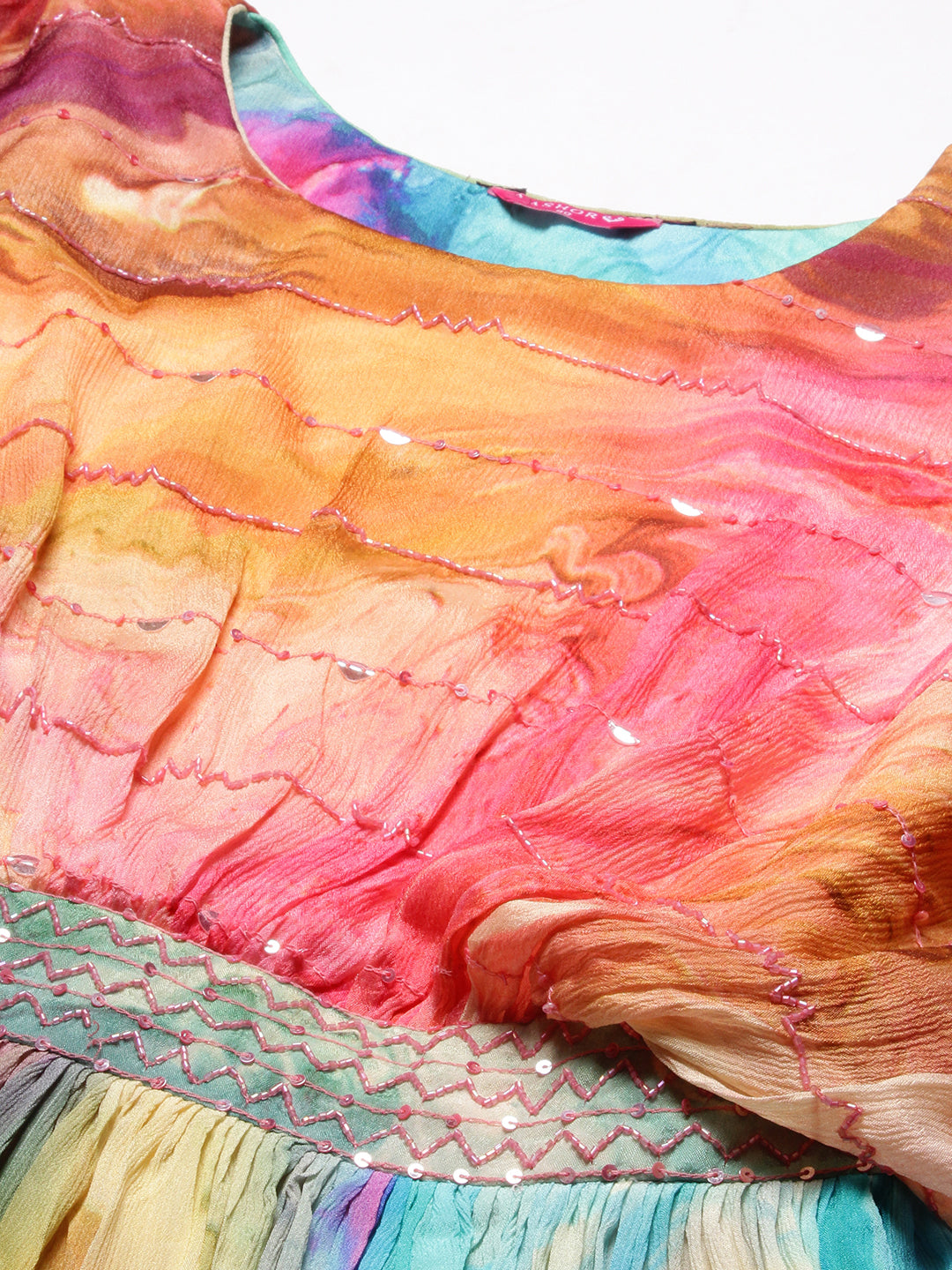 Water-Color Printed Cutdana & Sequins Embroidered Empire Dress - Multi