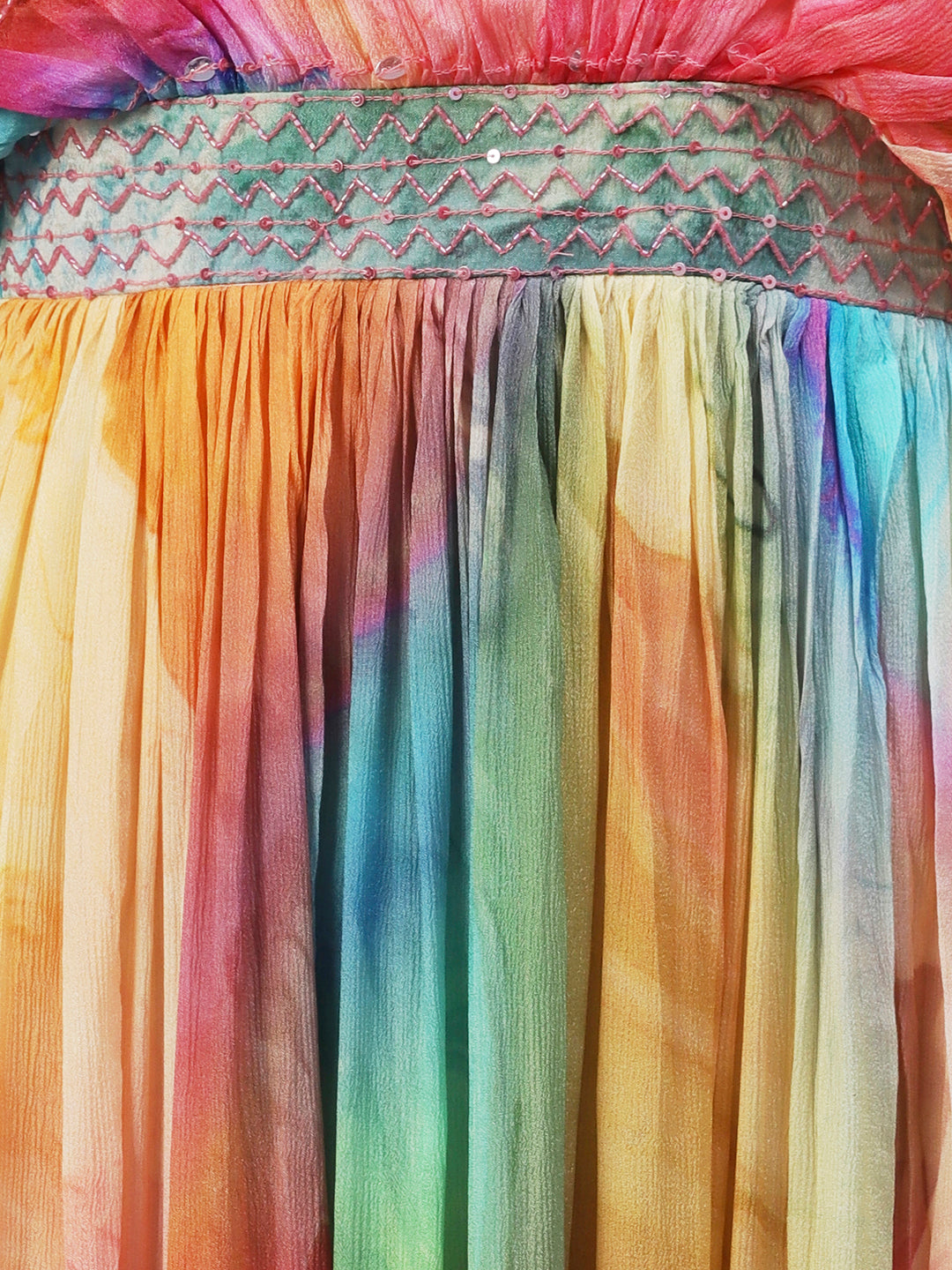 Water-Color Printed Cutdana & Sequins Embroidered Empire Dress - Multi