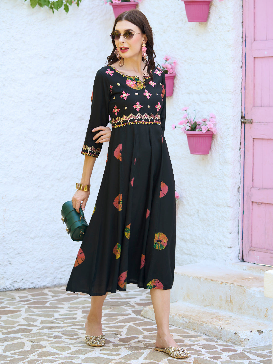 Ethnic Printed & Embroidered Anarkali Flared Midi Dress - Black