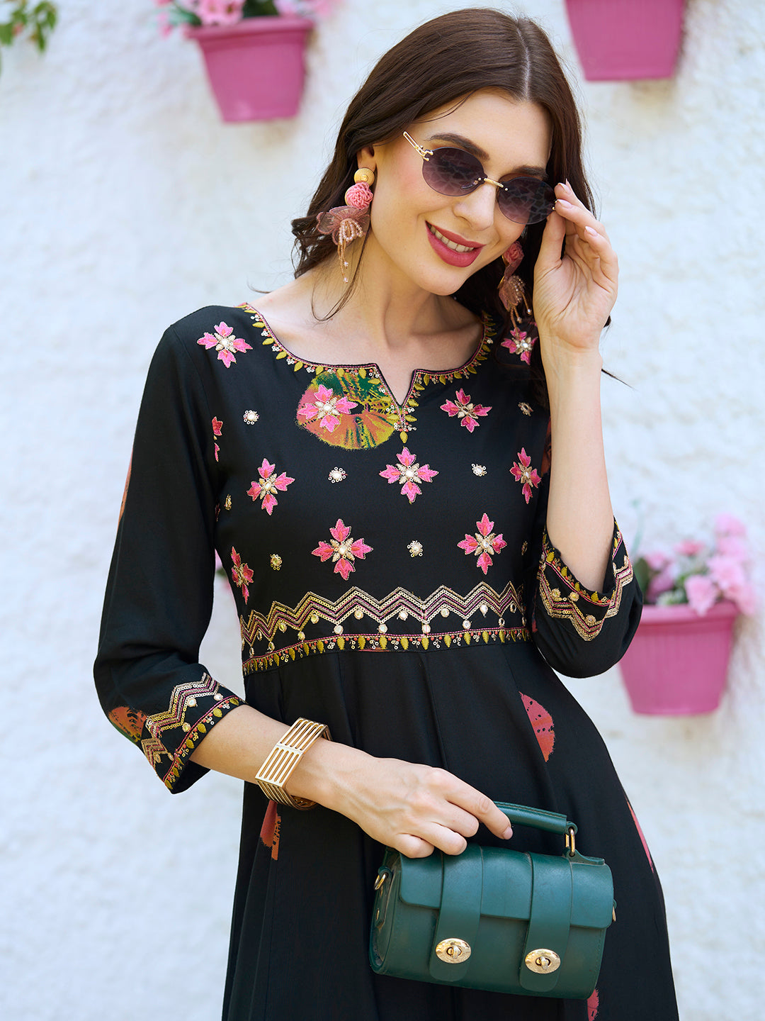 Ethnic Printed & Embroidered Anarkali Flared Midi Dress - Black