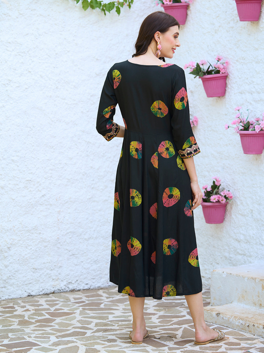 Ethnic Printed & Embroidered Anarkali Flared Midi Dress - Black