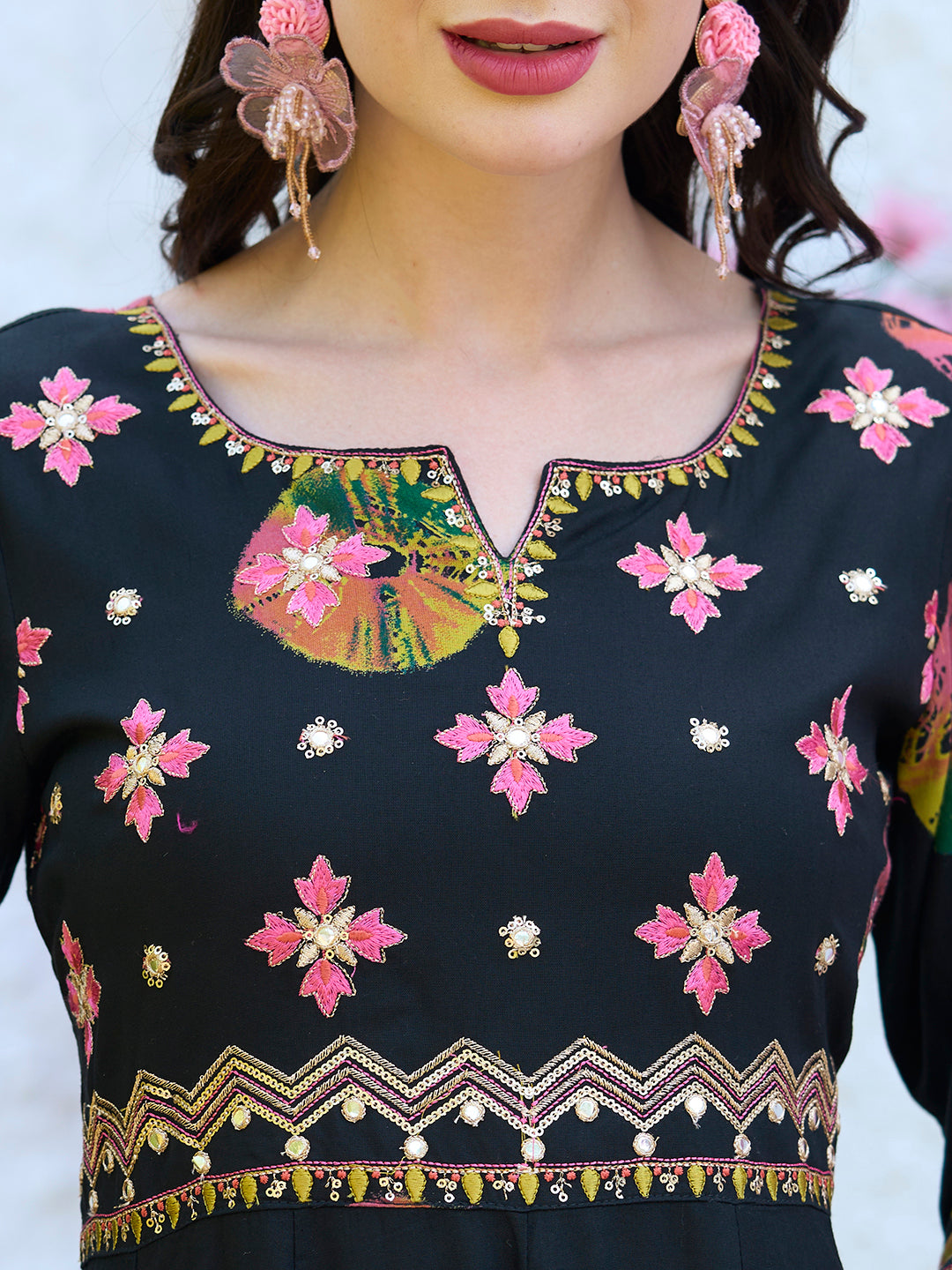 Ethnic Printed & Embroidered Anarkali Flared Midi Dress - Black