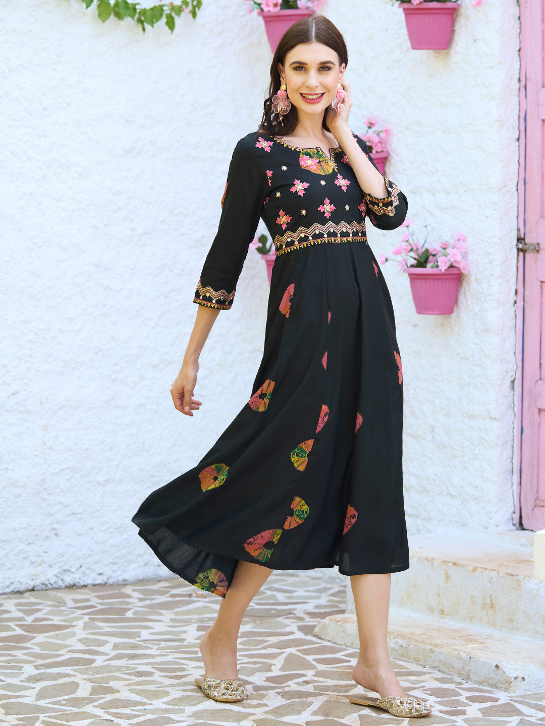 Ethnic Printed & Embroidered Anarkali Flared Midi Dress - Black