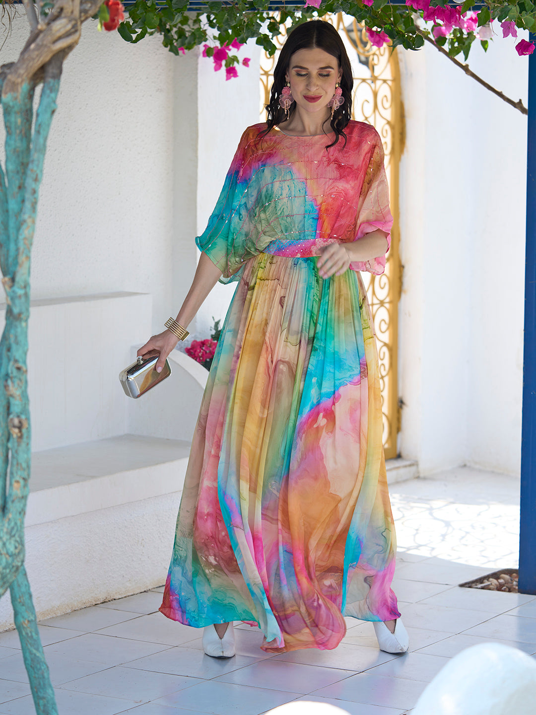 Water-Color Printed Cutdana & Sequins Embroidered Empire Dress - Multi