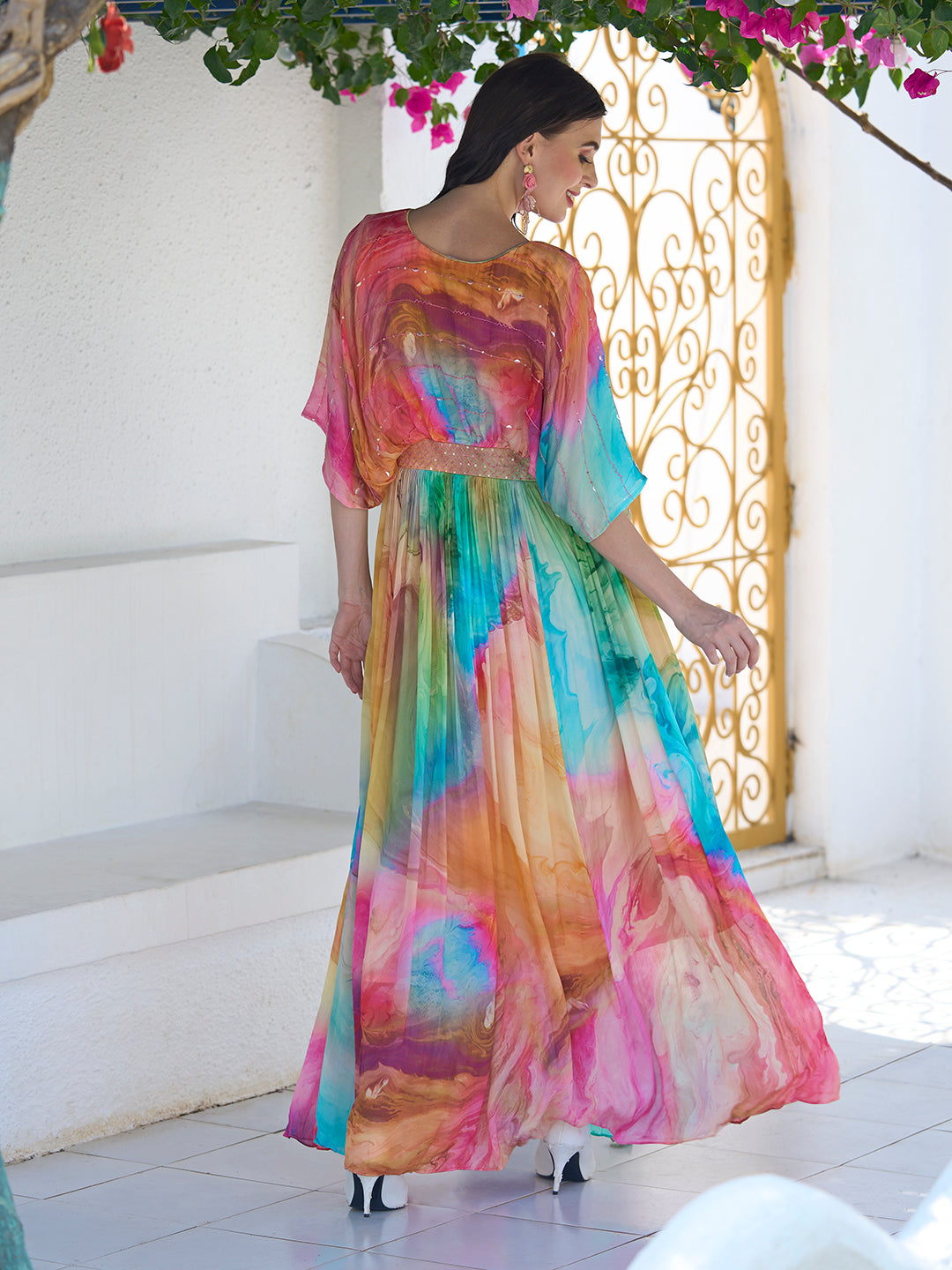 Water-Color Printed Cutdana & Sequins Embroidered Empire Dress - Multi