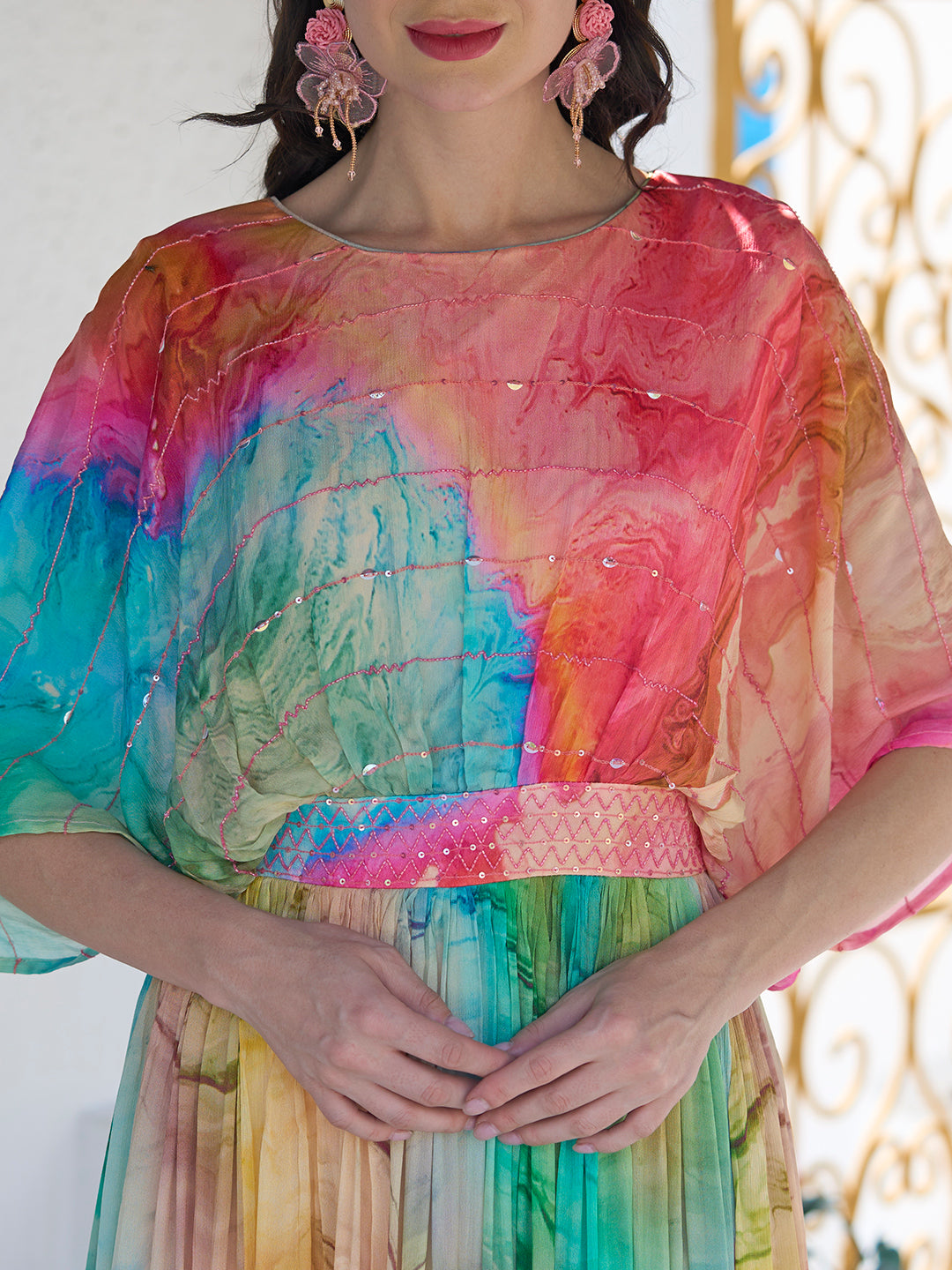 Water-Color Printed Cutdana & Sequins Embroidered Empire Dress - Multi