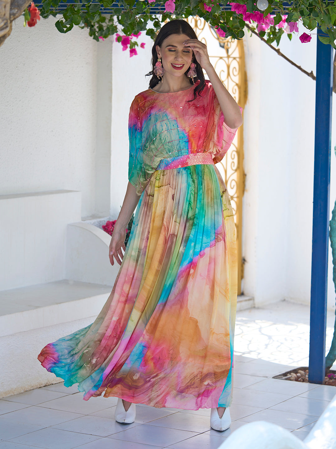 Water-Color Printed Cutdana & Sequins Embroidered Empire Dress - Multi