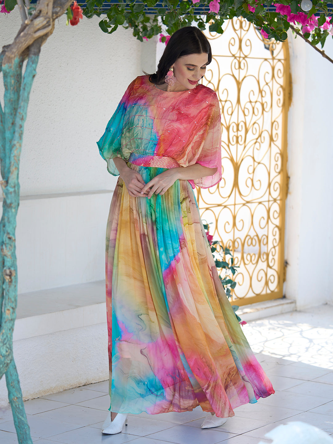 Water-Color Printed Cutdana & Sequins Embroidered Empire Dress - Multi