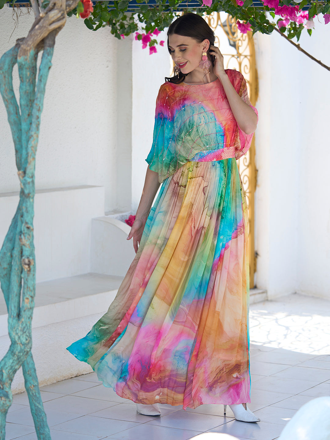 Water-Color Printed Cutdana & Sequins Embroidered Empire Dress - Multi