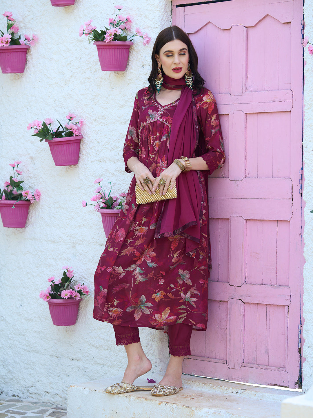 Floral Printed Cutdana Embroidered Flared Kurta With Pants & Dupatta - Maroon