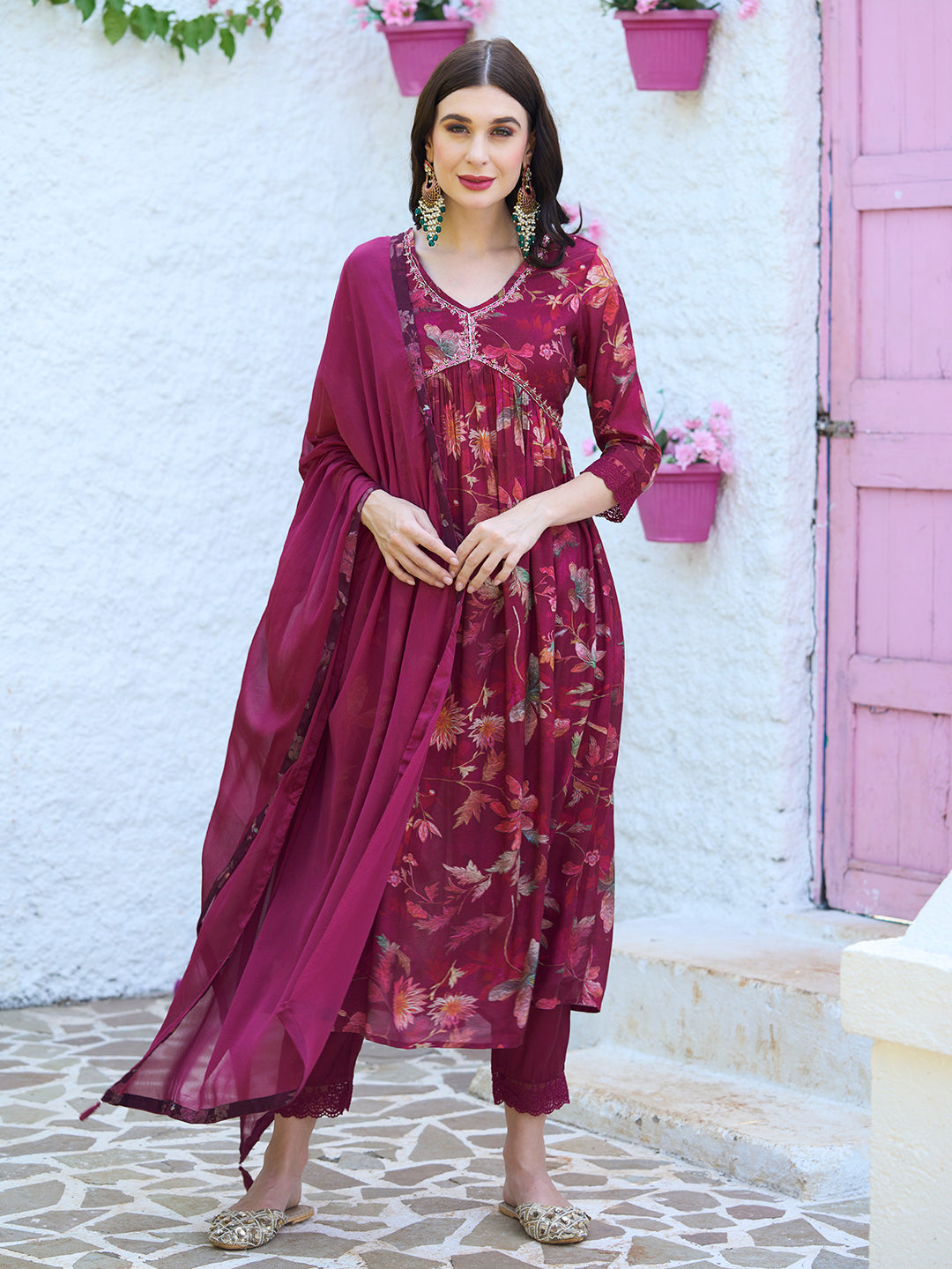 Floral Printed Cutdana Embroidered Flared Kurta With Pants & Dupatta - Maroon