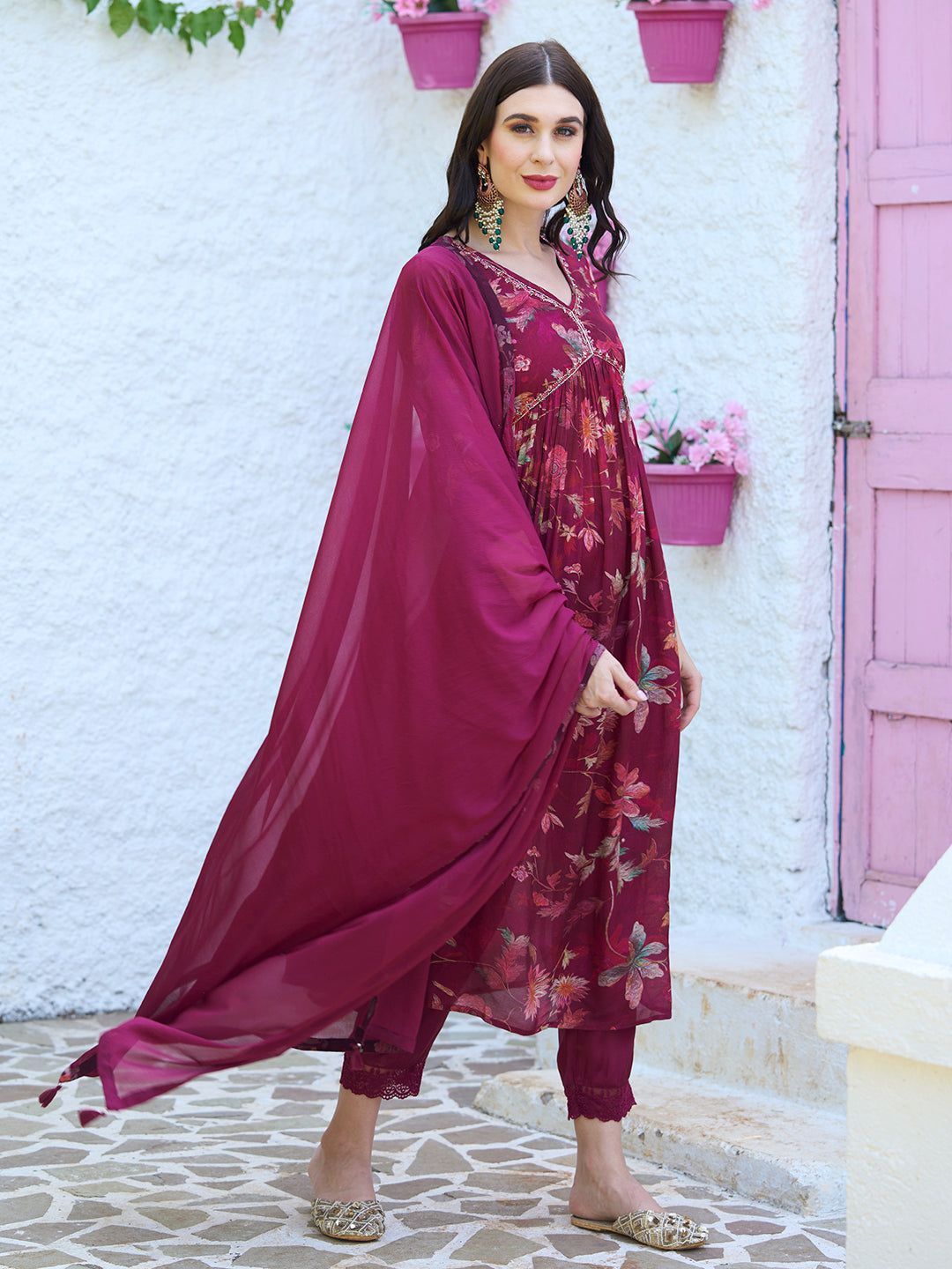 Floral Printed Cutdana Embroidered Flared Kurta With Pants & Dupatta - Maroon