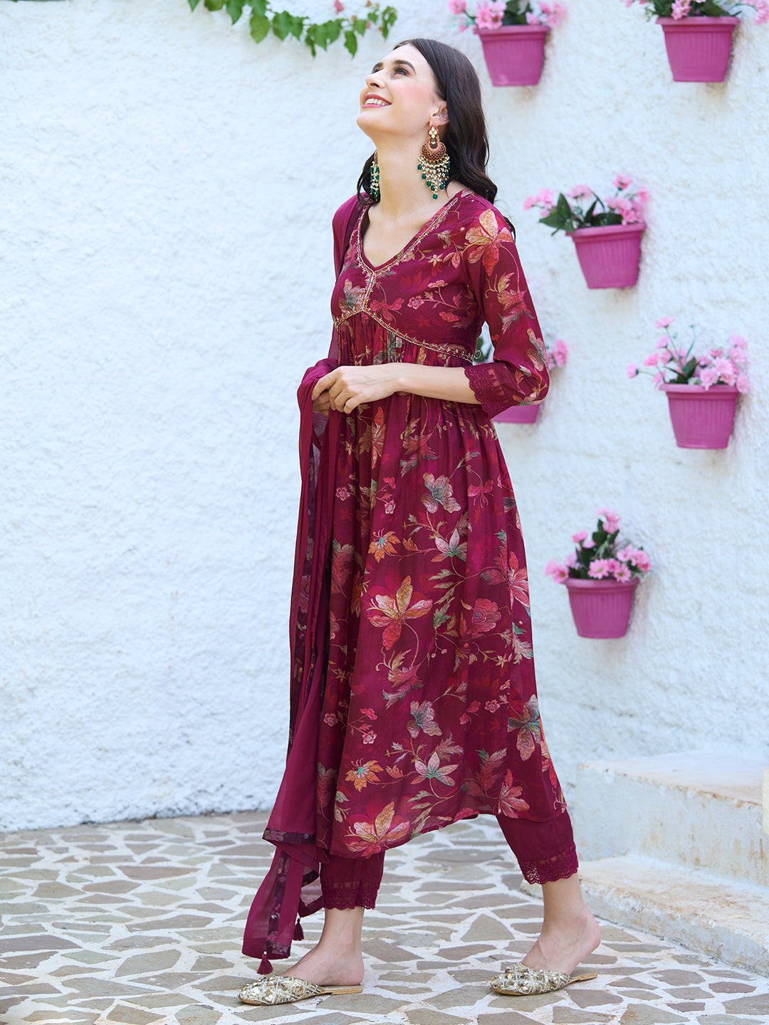 Floral Printed Cutdana Embroidered Flared Kurta With Pants & Dupatta - Maroon