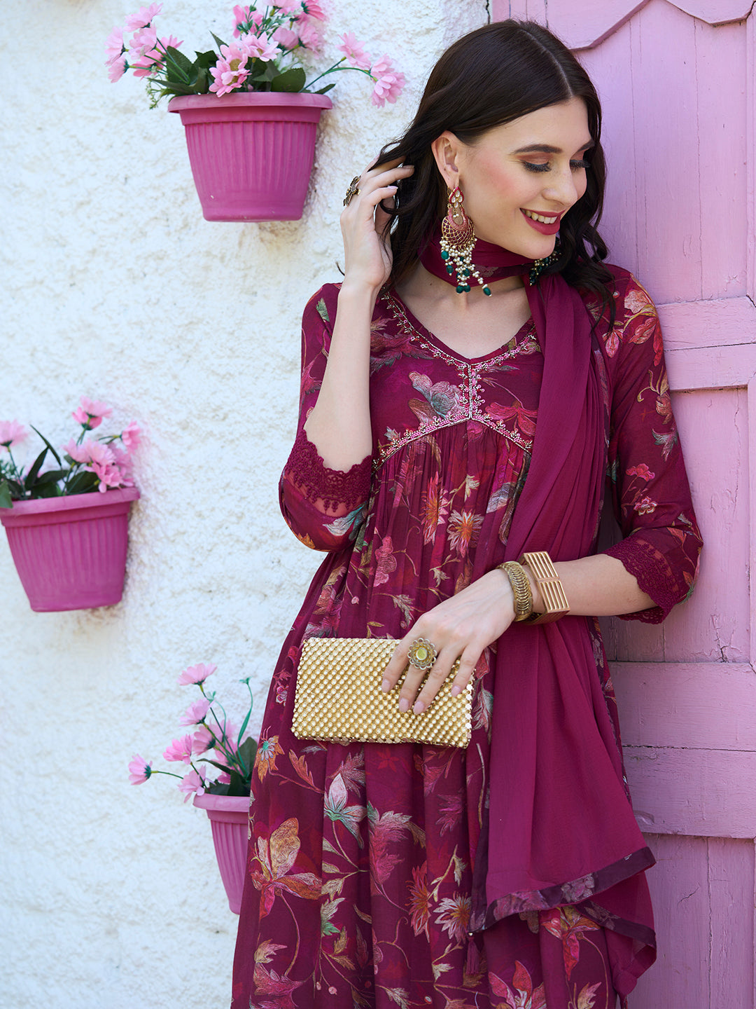 Floral Printed Cutdana Embroidered Flared Kurta With Pants & Dupatta - Maroon