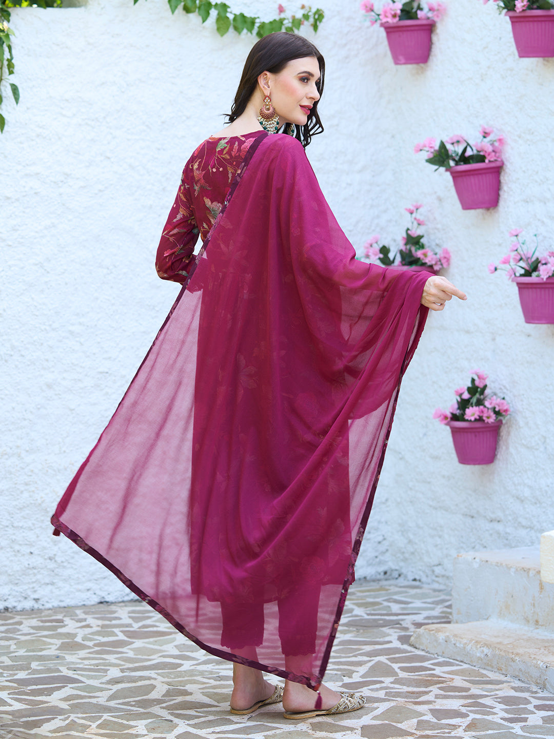 Floral Printed Cutdana Embroidered Flared Kurta With Pants & Dupatta - Maroon