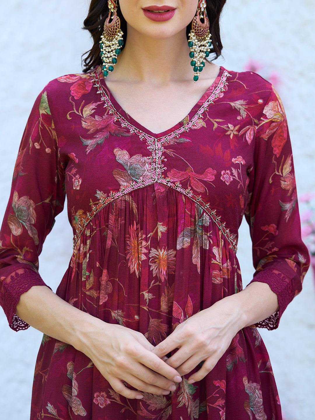 Floral Printed Cutdana Embroidered Flared Kurta With Pants & Dupatta - Maroon