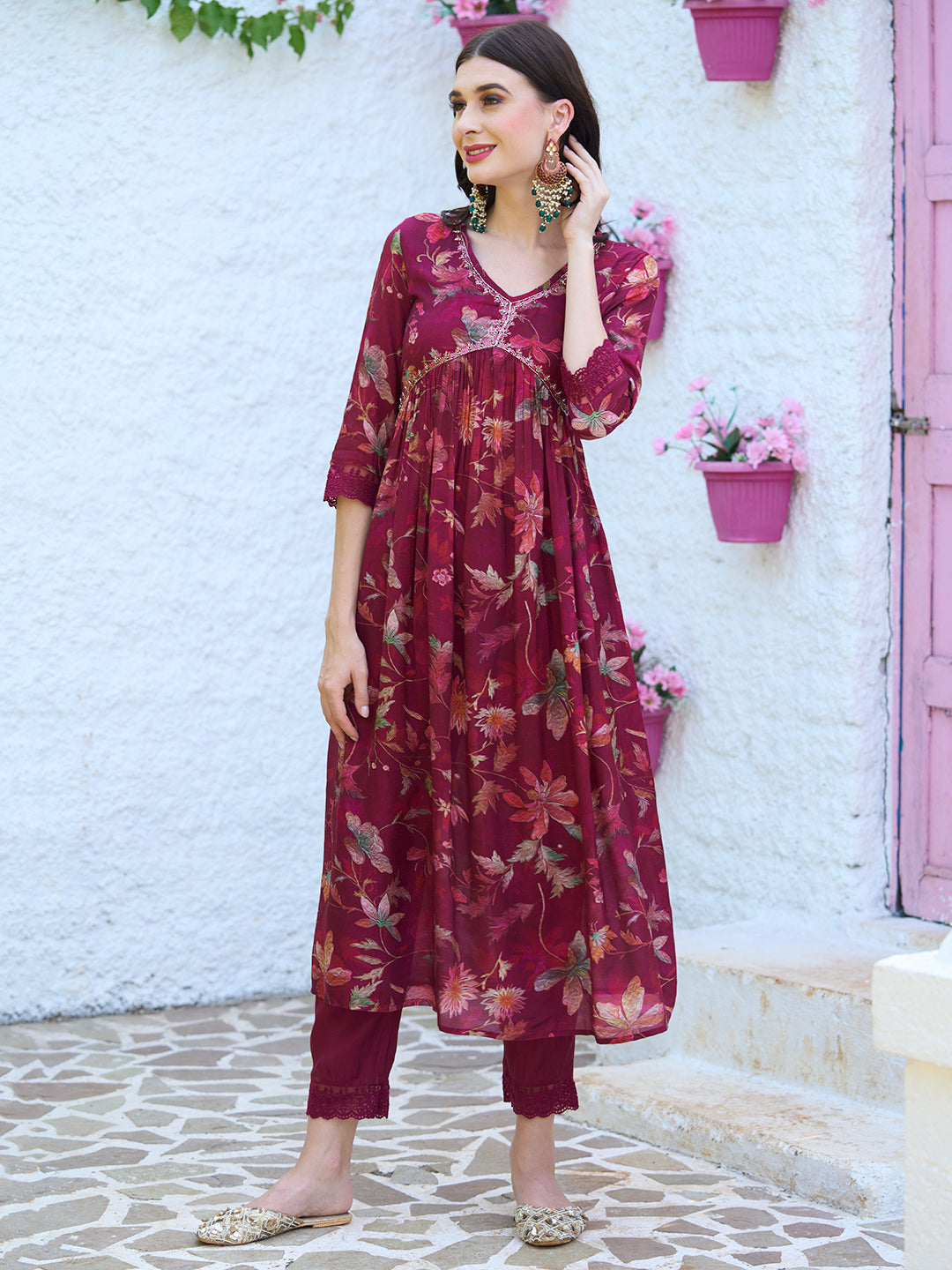 Floral Printed Cutdana Embroidered Flared Kurta With Pants & Dupatta - Maroon