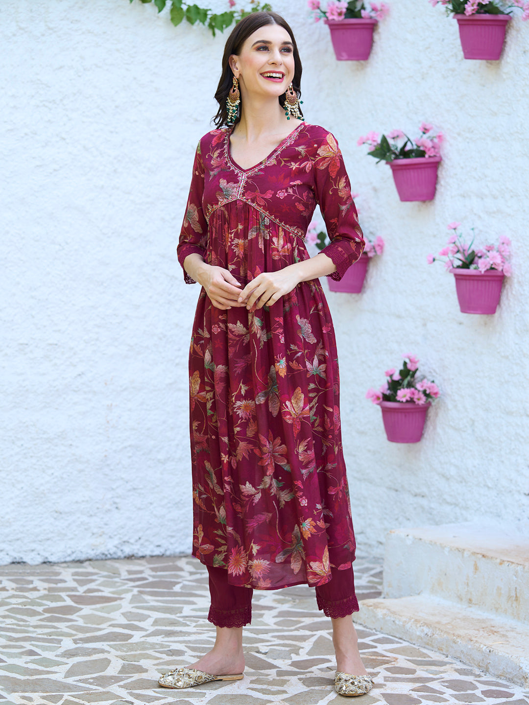 Floral Printed Cutdana Embroidered Flared Kurta With Pants & Dupatta - Maroon