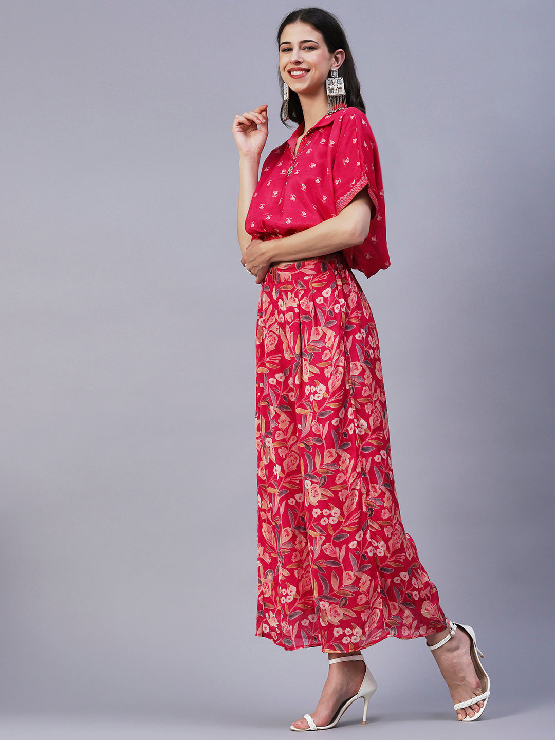 Floral Printed Cutdana Embroidered Crop Top With Floral Palazzo - Fuchsia