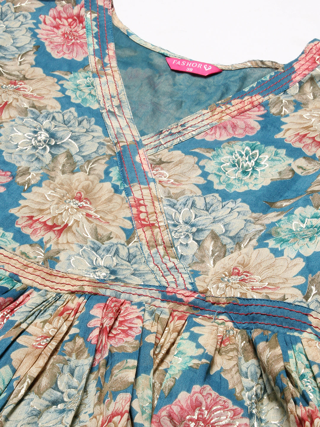 Floral Foil Printed Resham Embellished Empire Maxi Dress - Blue