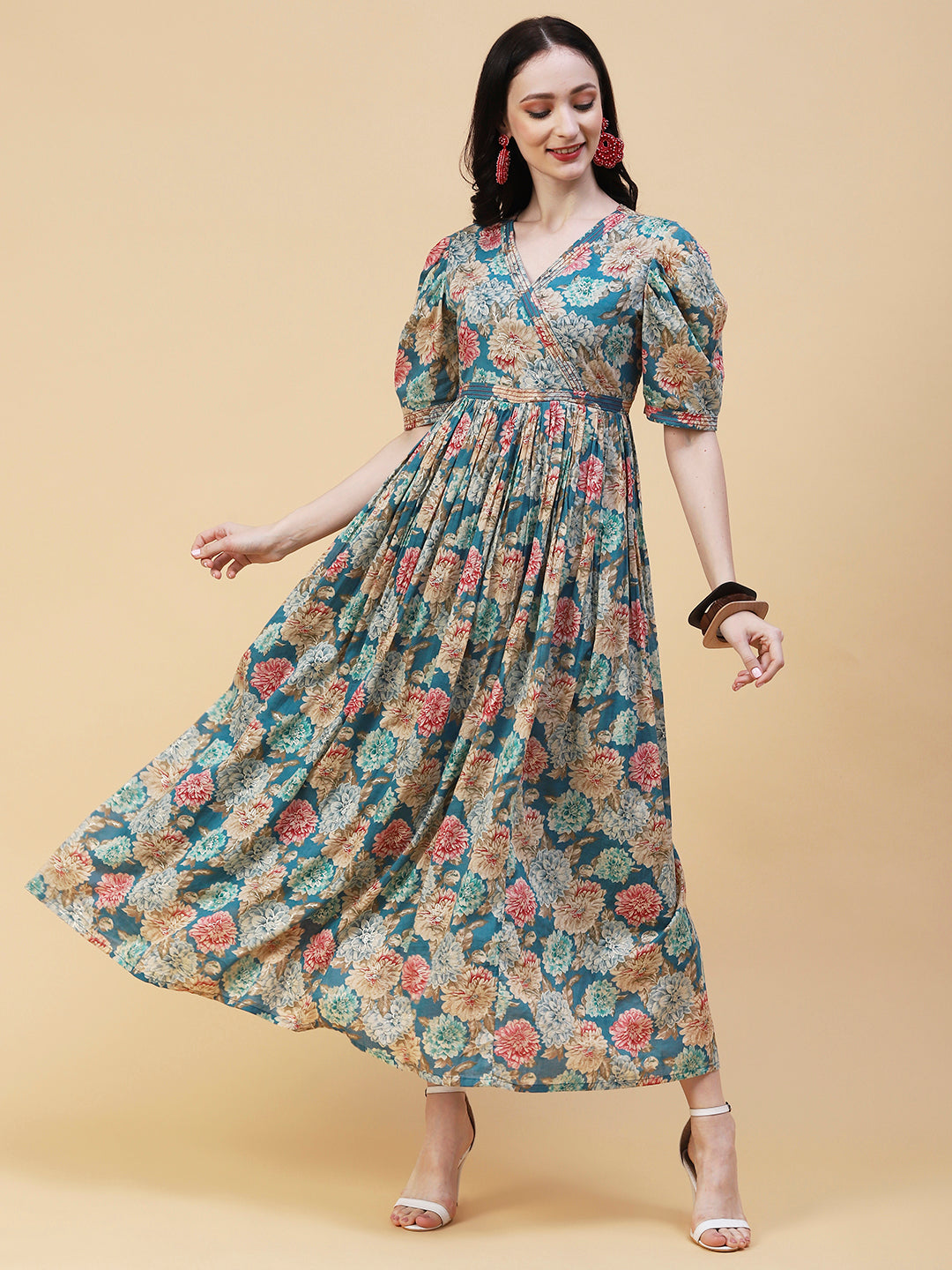 Floral Foil Printed Resham Embellished Empire Maxi Dress - Blue