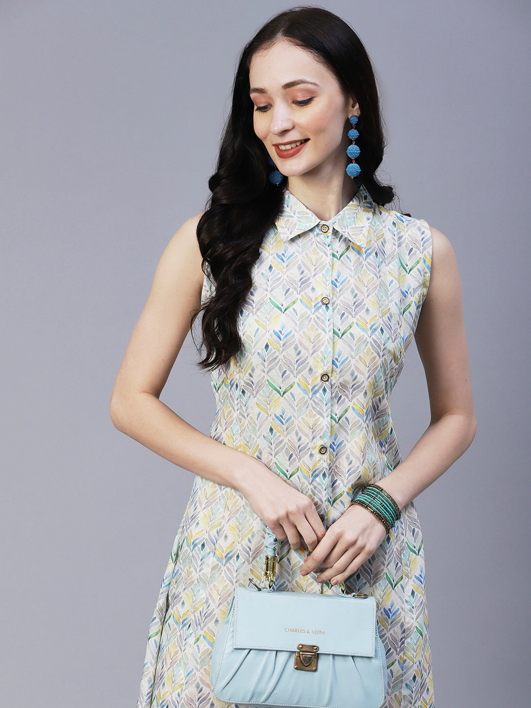 Abstract Printed Paneled A-line Midi Dress With Matching Belt - Multi