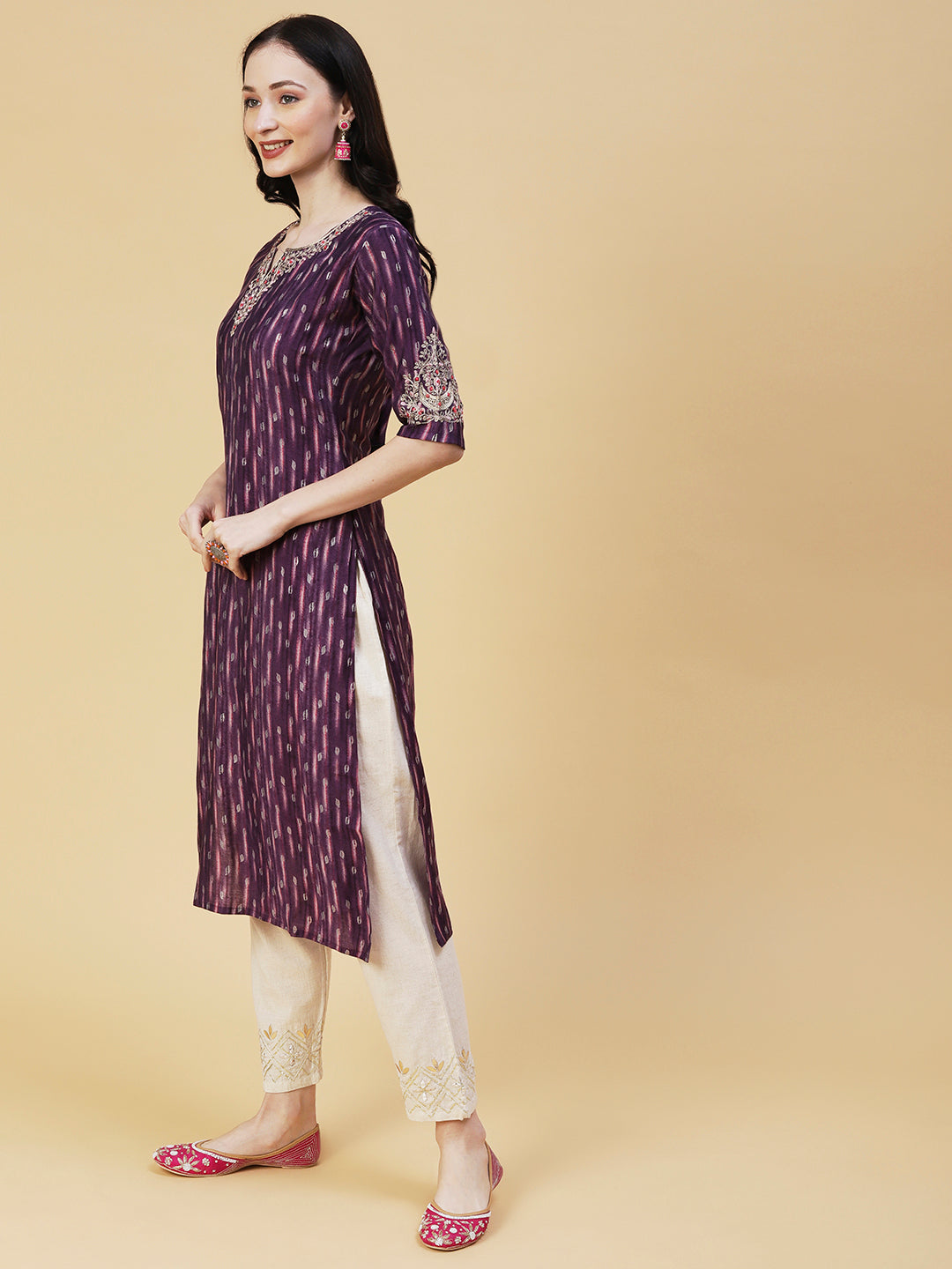 Abstract Foil Printed Zari & Resham Embroidered Kurta - Dark Mauve