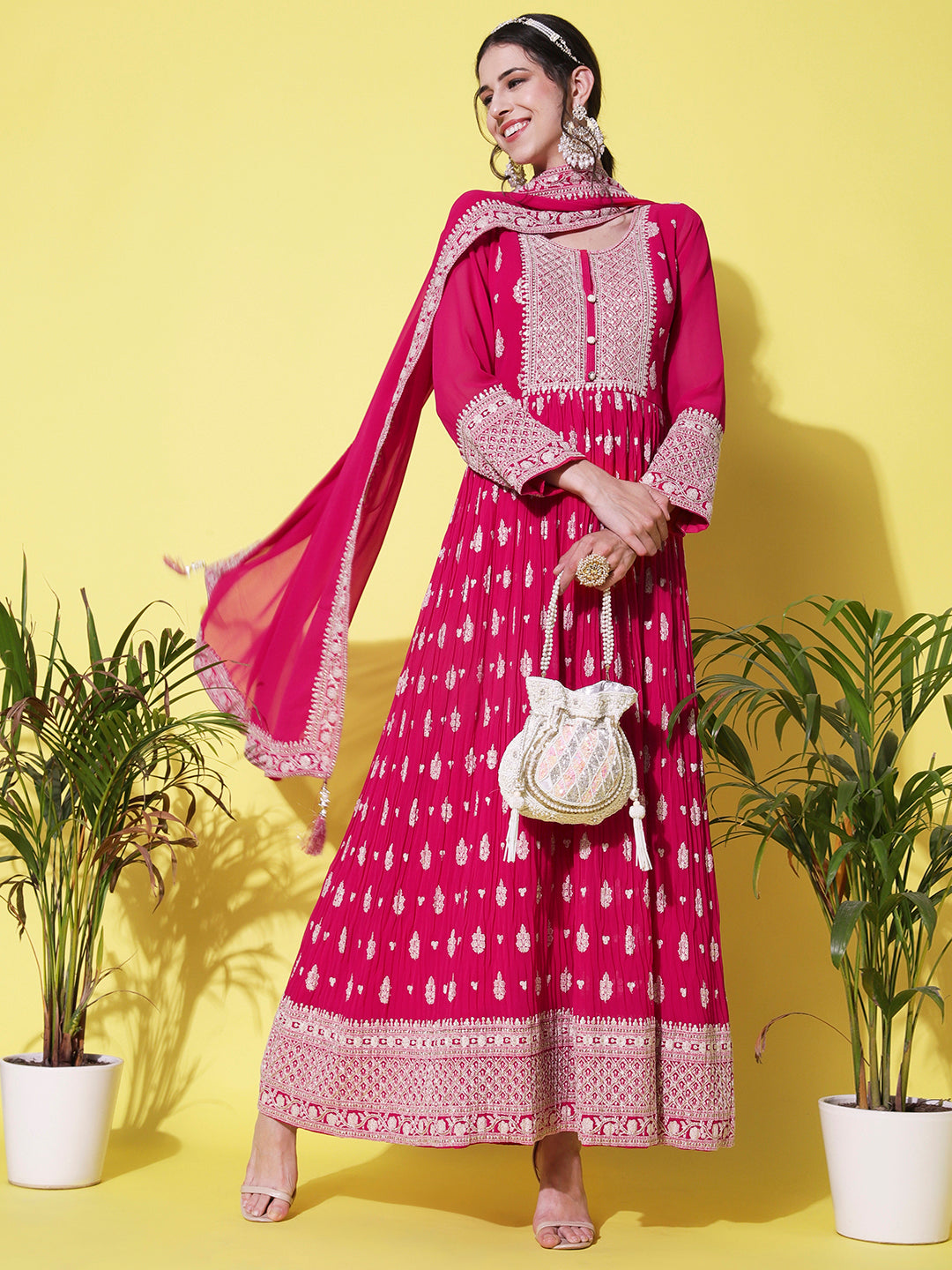 Solid Resham & Sequins Embroidered Gown with Embroidered Dupatta - Fuchsia Pink