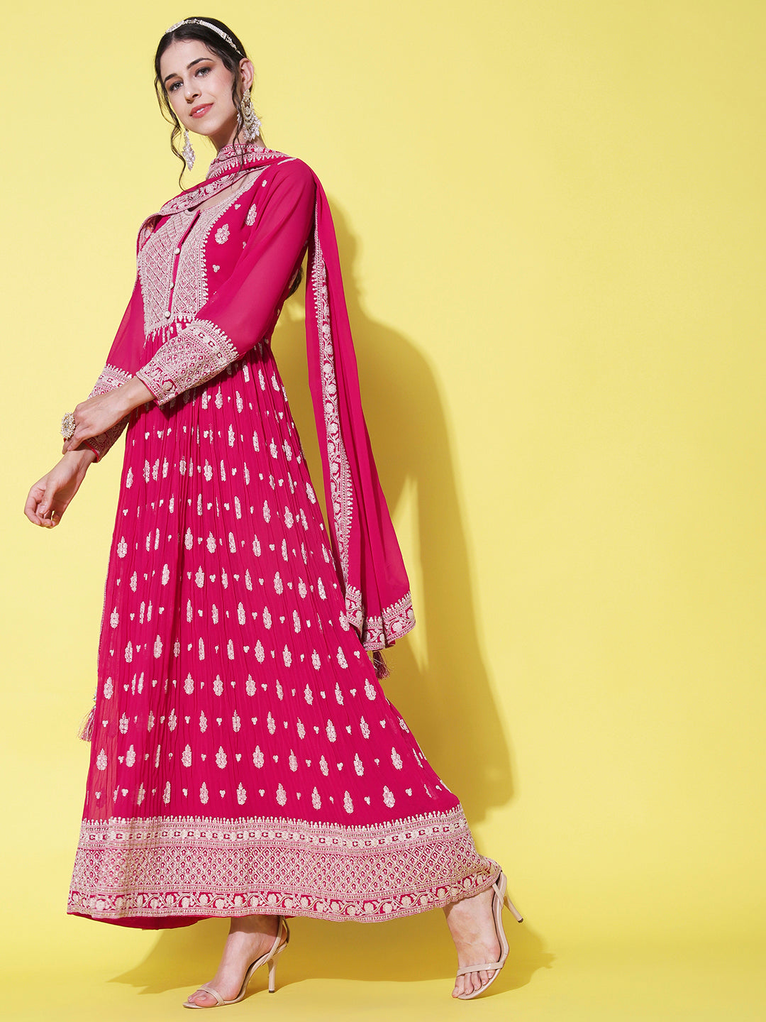 Solid Resham & Sequins Embroidered Gown with Embroidered Dupatta - Fuchsia Pink