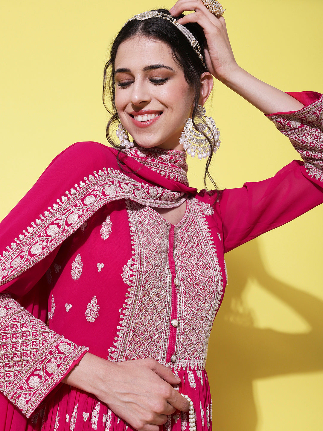Solid Resham & Sequins Embroidered Gown with Embroidered Dupatta - Fuchsia Pink