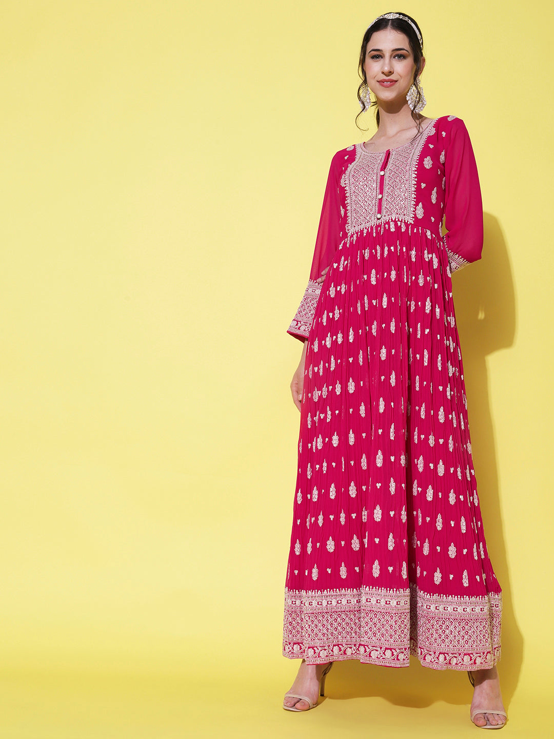 Solid Resham & Sequins Embroidered Gown with Embroidered Dupatta - Fuchsia Pink