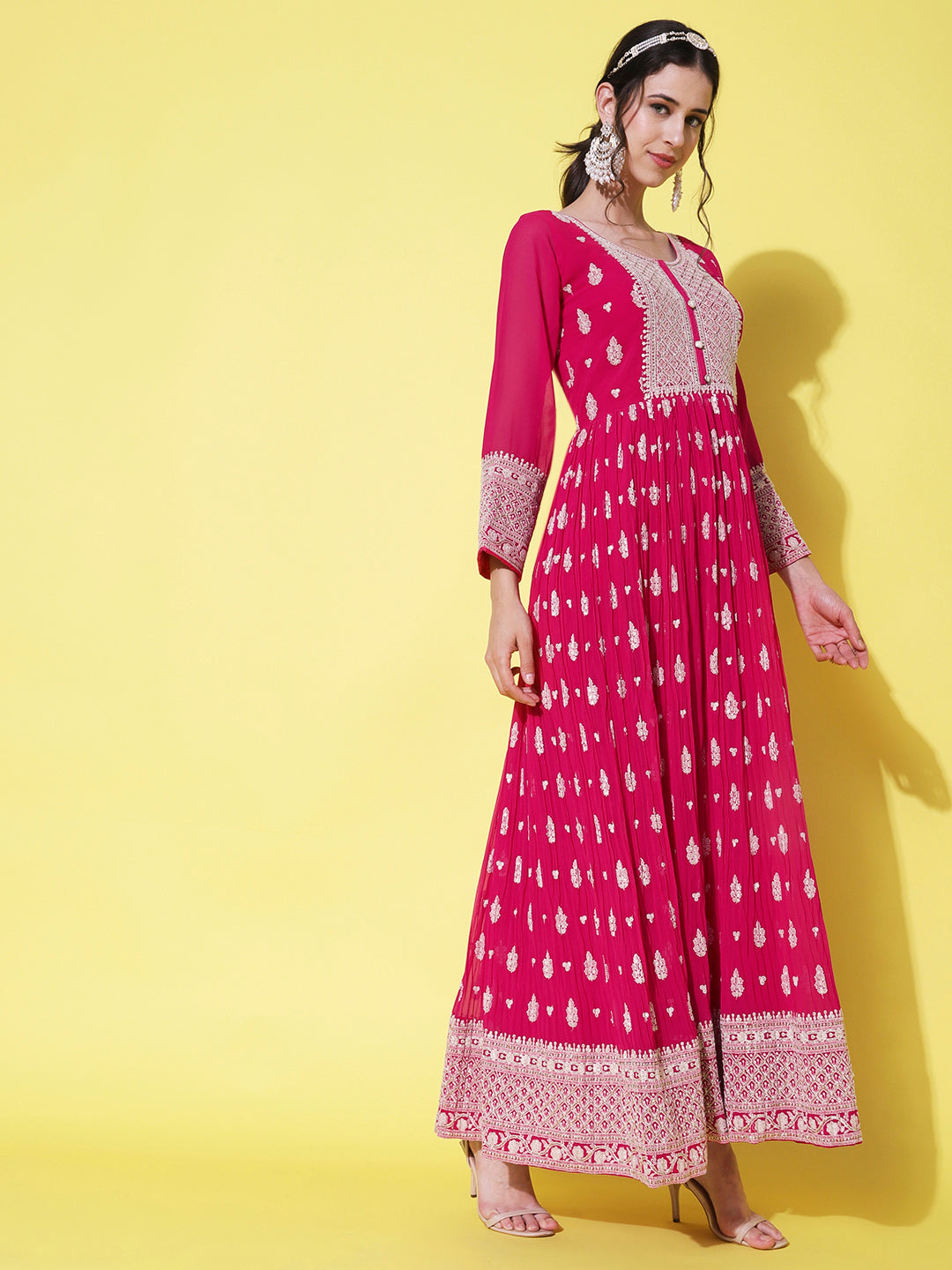 Solid Resham & Sequins Embroidered Gown with Embroidered Dupatta - Fuchsia Pink