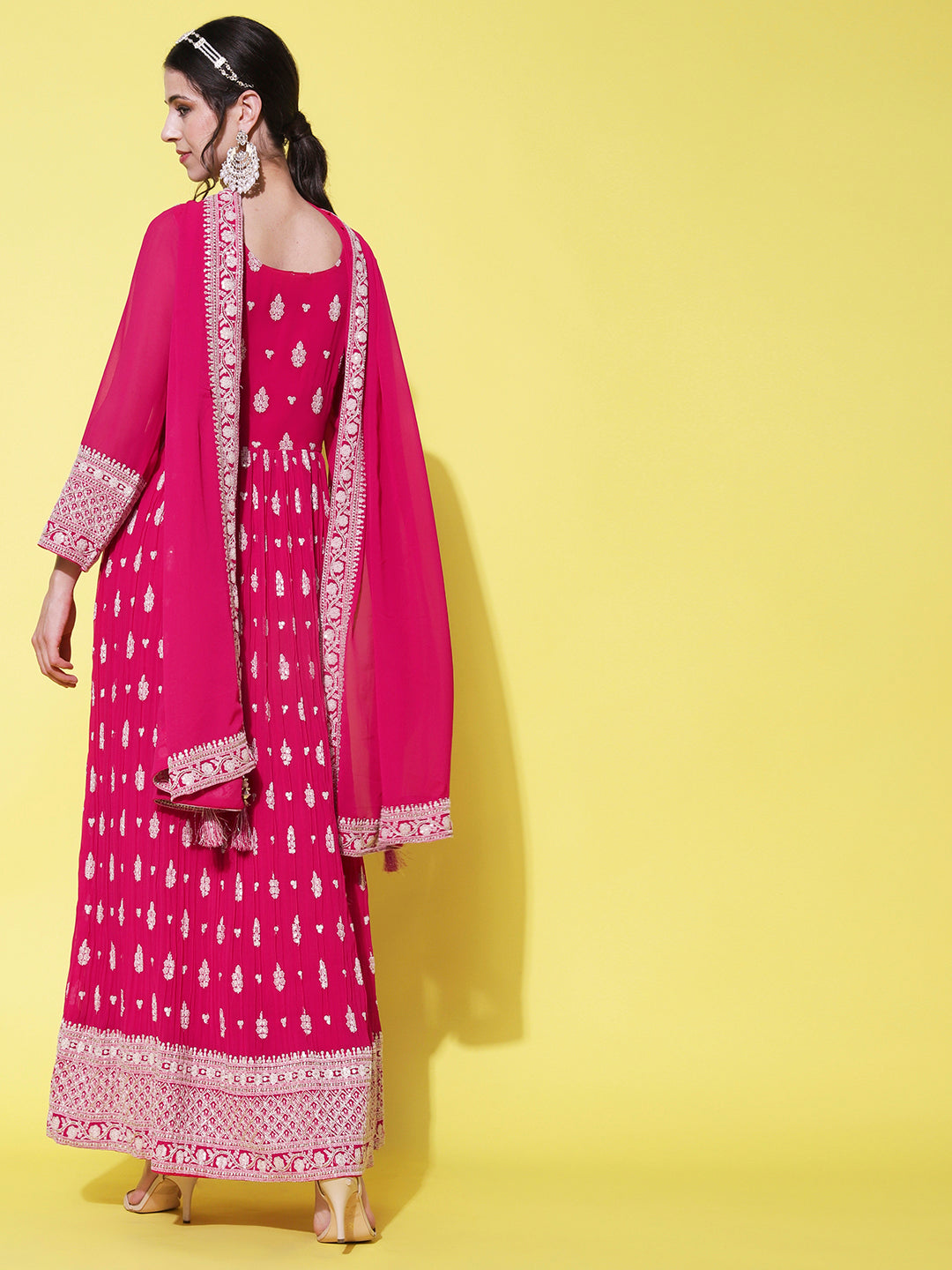 Solid Resham & Sequins Embroidered Gown with Embroidered Dupatta - Fuchsia Pink