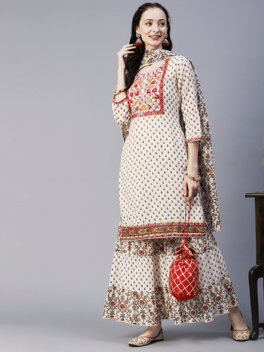 Floral Block Printed Mirror Embroidered Kurta With Printed Sharara & Dupatta - Off-White