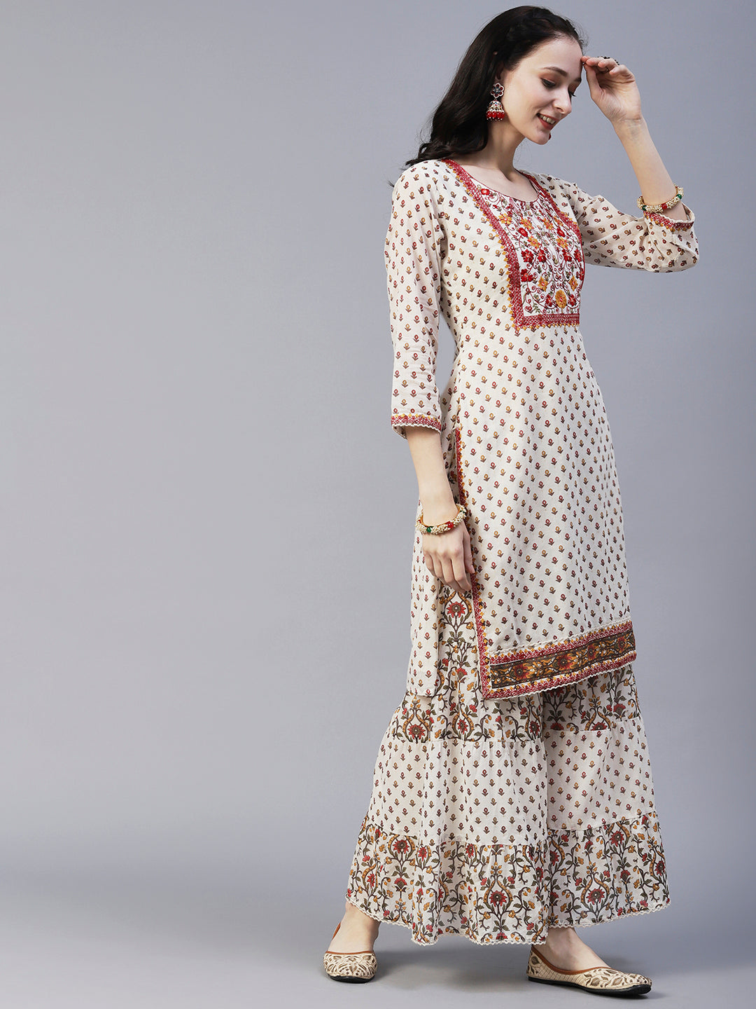Floral Block Printed Mirror Embroidered Kurta With Printed Sharara & Dupatta - Off-White