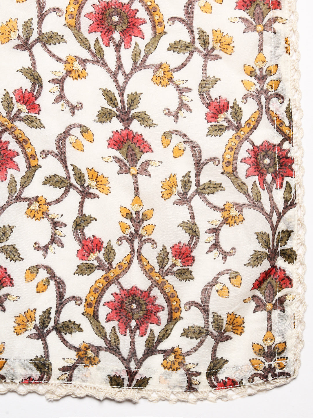 Floral Block Printed Mirror Embroidered Kurta With Printed Sharara & Dupatta - Off-White