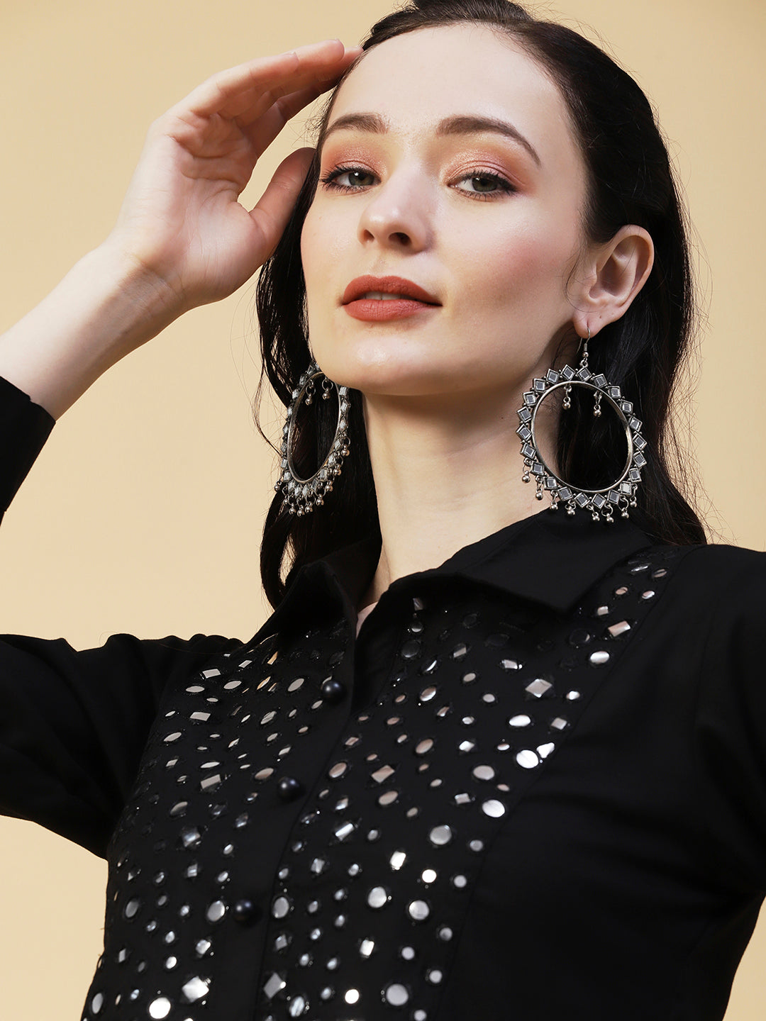 Solid Foil Mirror Embroidered Straight Fit Shirt with Pant - Black