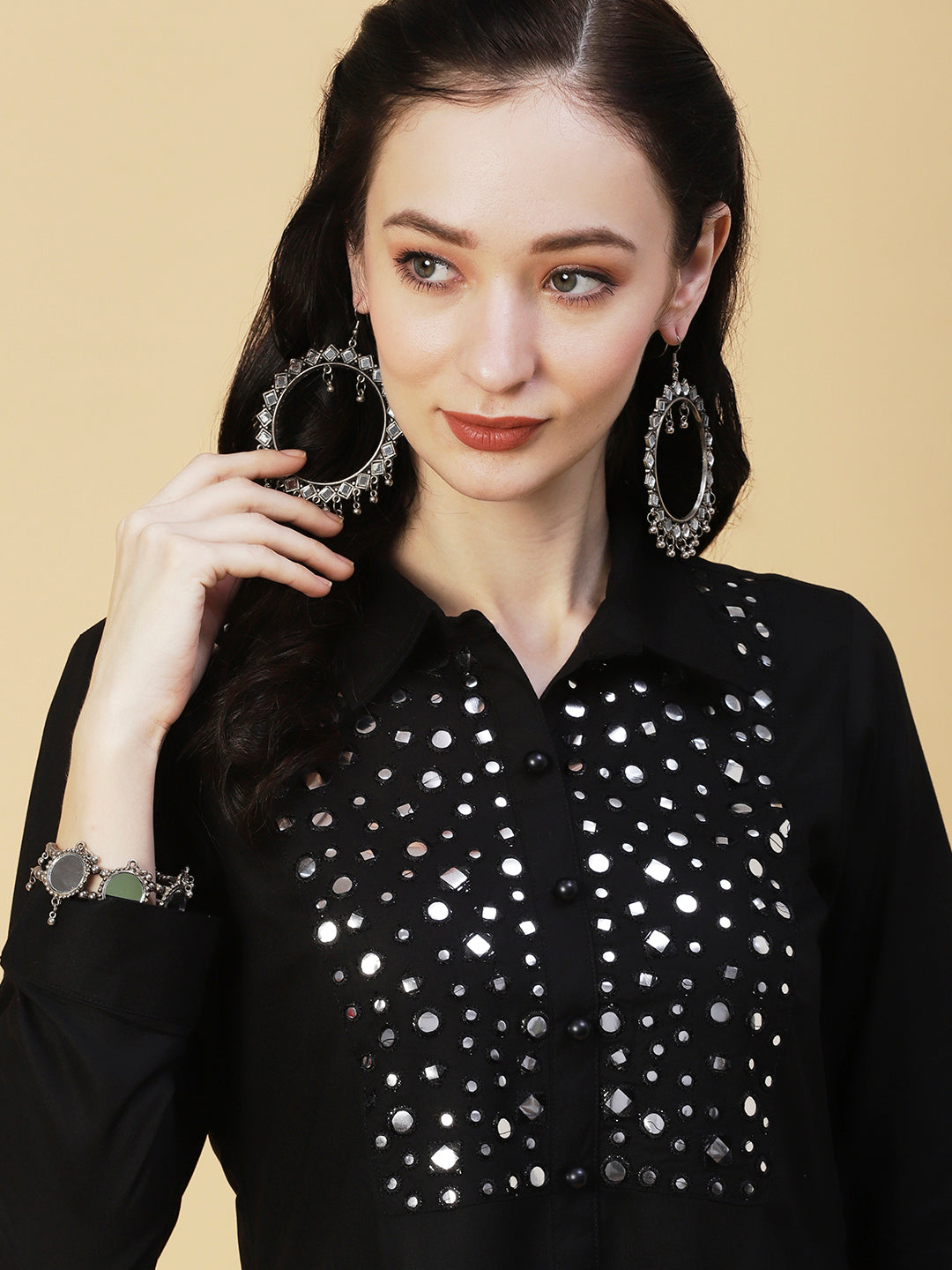 Solid Foil Mirror Embroidered Straight Fit Shirt with Pant - Black