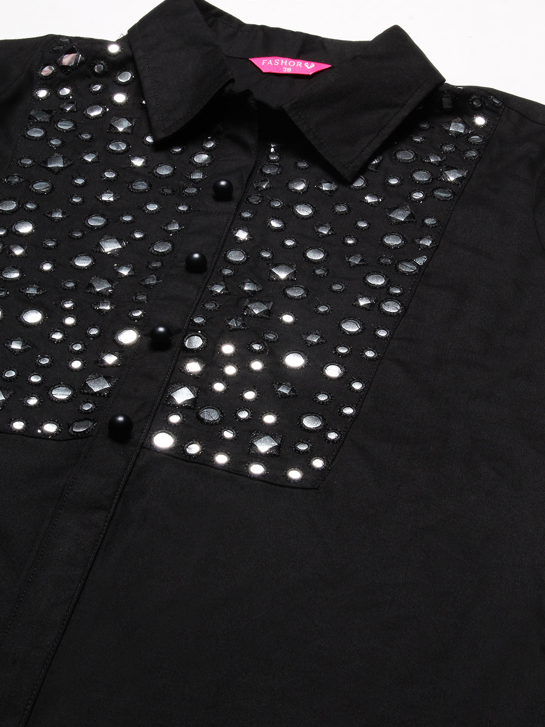 Solid Foil Mirror Embroidered Straight Fit Shirt with Pant - Black