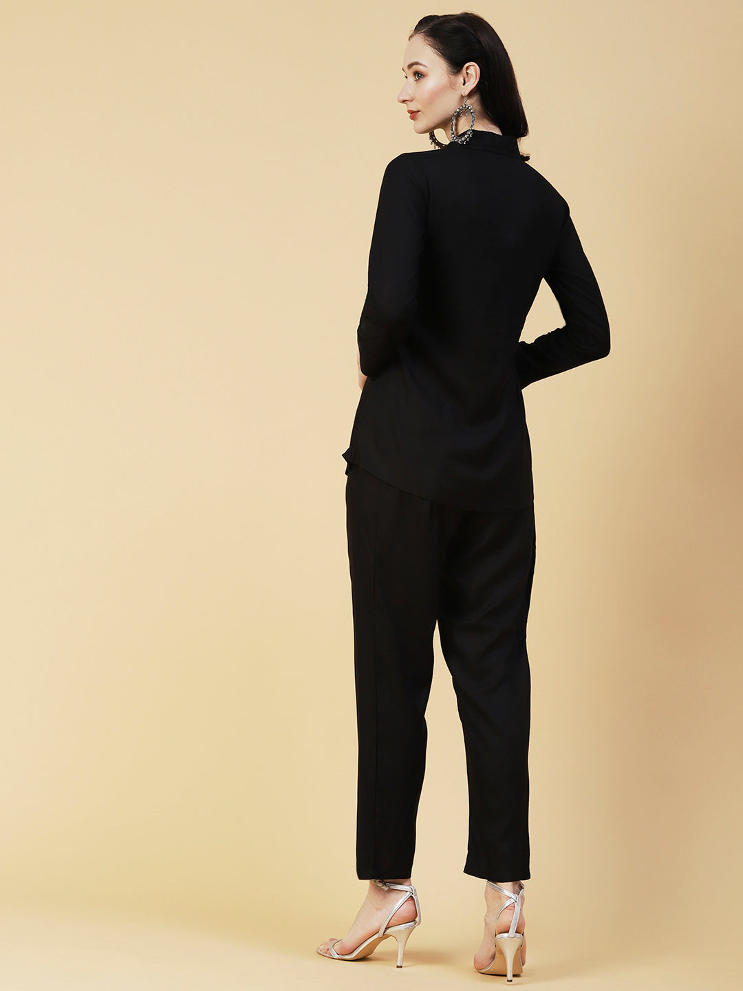 Solid Foil Mirror Embroidered Straight Fit Shirt with Pant - Black