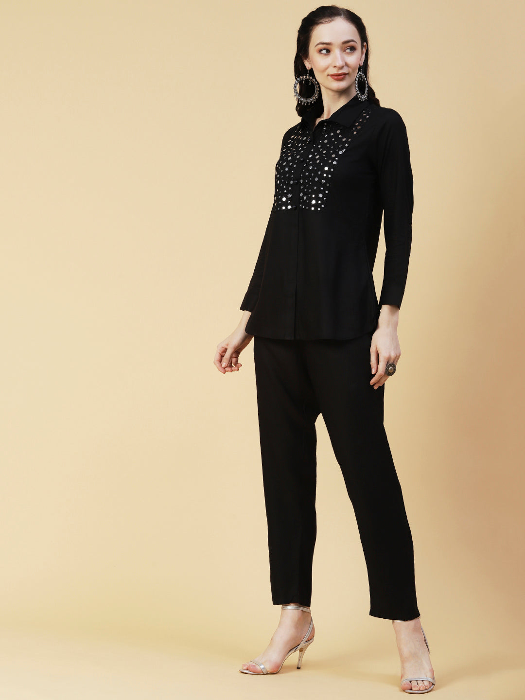 Solid Foil Mirror Embroidered Straight Fit Shirt with Pant - Black