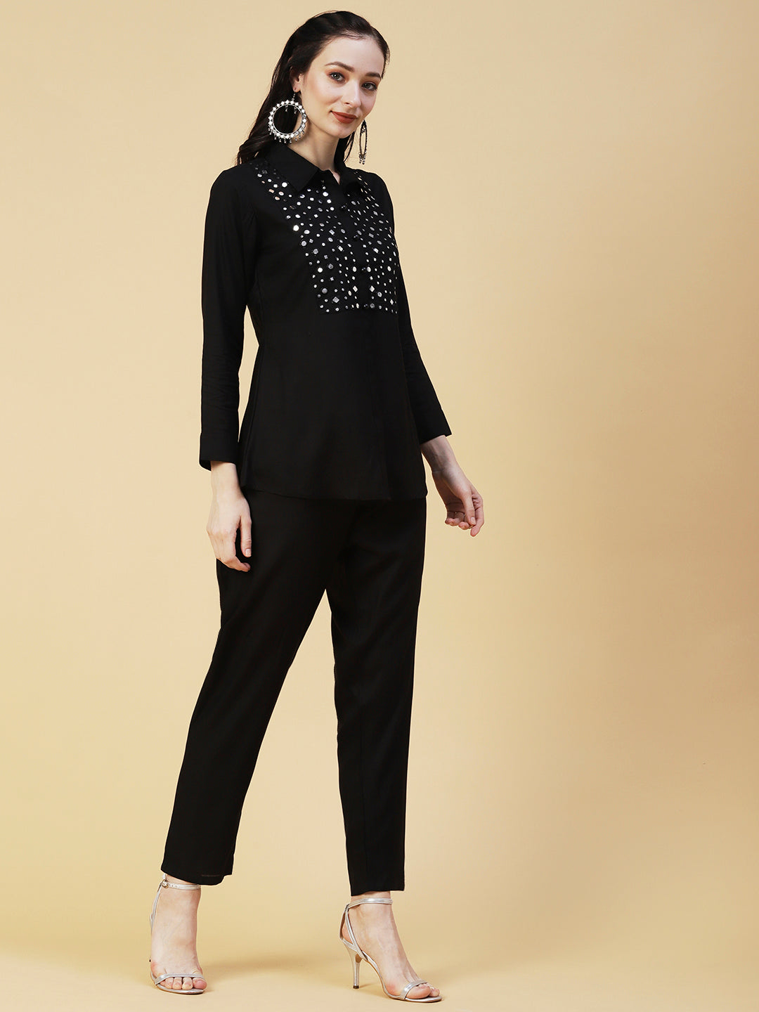 Solid Foil Mirror Embroidered Straight Fit Shirt with Pant - Black