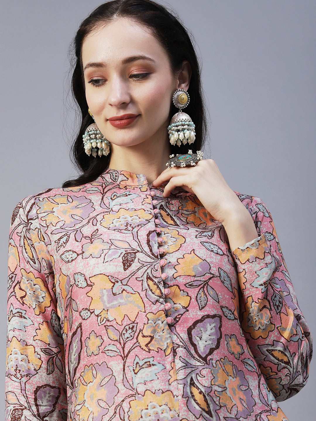 Abstract Floral Printed Straight Fit Kurta with Dhoti Pant - Pink