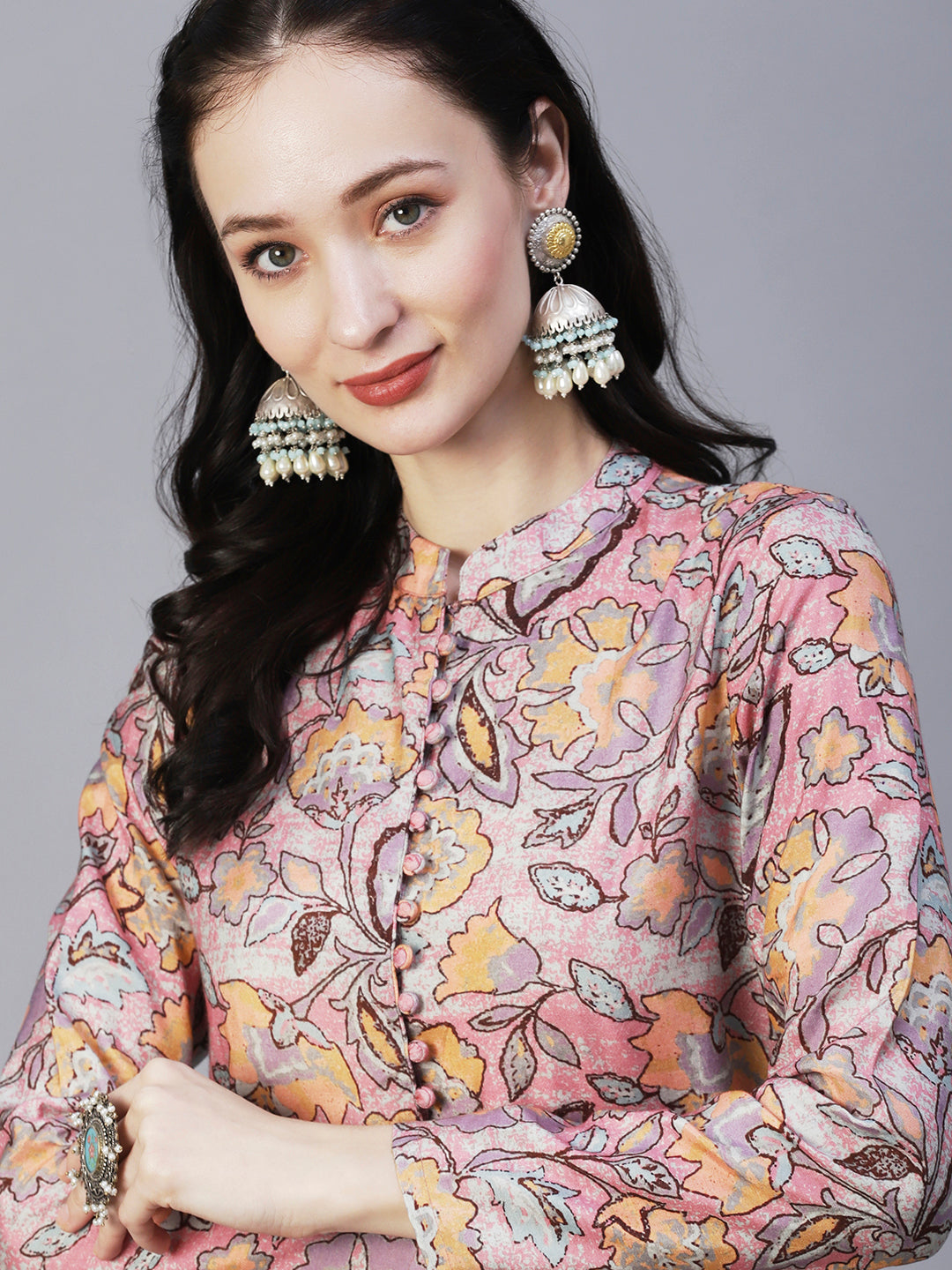 Abstract Floral Printed Straight Fit Kurta with Dhoti Pant - Pink