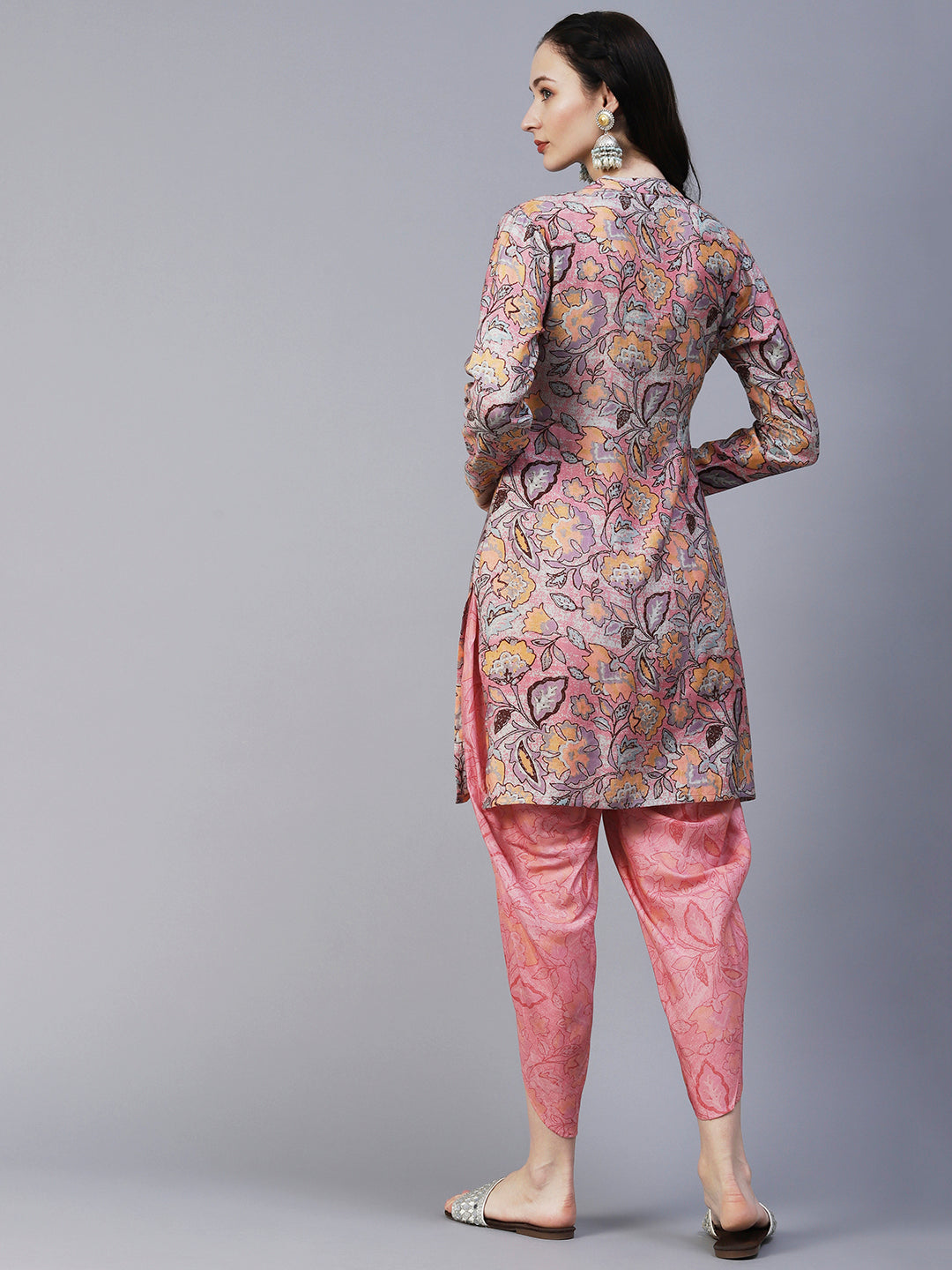Abstract Floral Printed Straight Fit Kurta with Dhoti Pant - Pink
