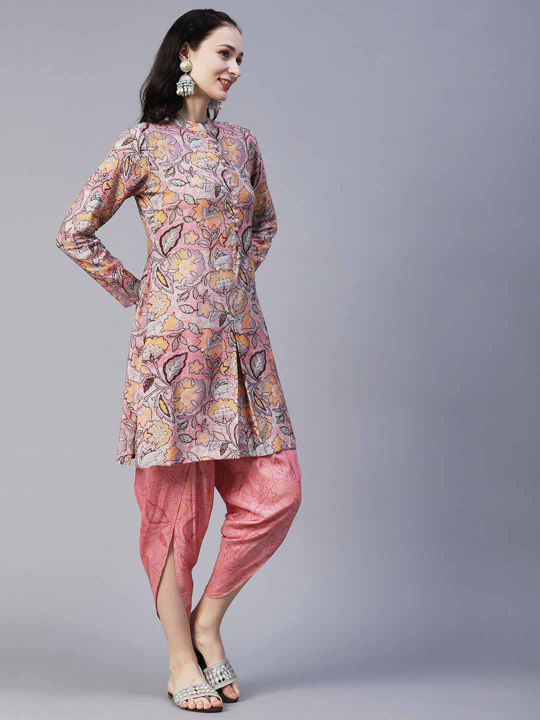 Abstract Floral Printed Straight Fit Kurta with Dhoti Pant - Pink