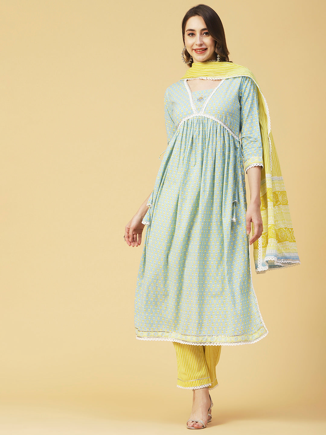 Ethnic Printed A-Line Gathered Kurta with Pant & Dupatta - Blue